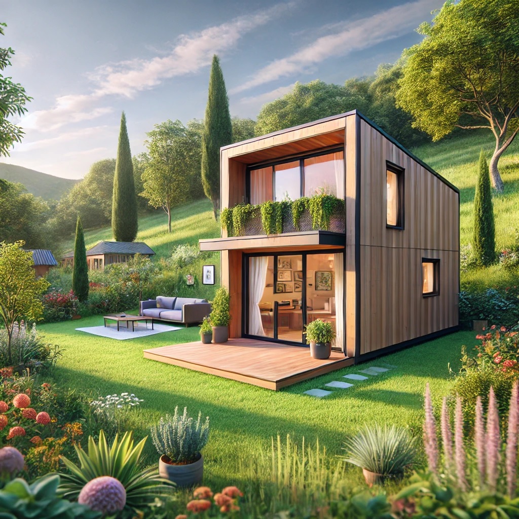 Moderní tiny house postavený ze dřeva a skla, umístěný na zelené trávě, obklopený stromy a květinami. Malá dřevěná terasa s venkovním posezením je vidět před domem, zatímco v pozadí jsou hory a jasná modrá obloha s jemnými oblaky. Celková atmosféra působí klidně a přírodně.